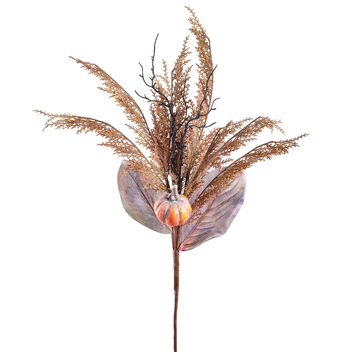 25" Artificial Pumpkin, Magnolia Leaf & Grass Stem Pick -Orange/Gray (pack of 12) - VKP898-OR/GY