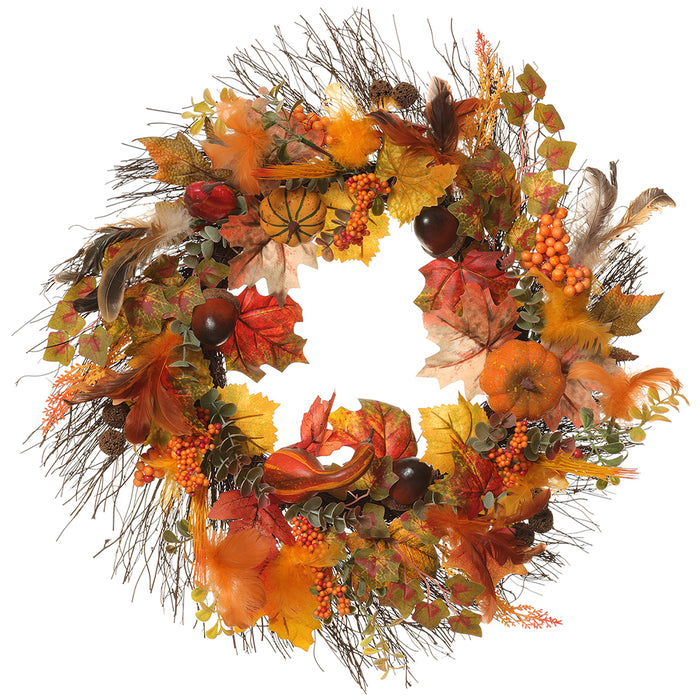 24" Artificial Acorn, Pumpkin & Feather Wreath -Fall (Pack of 4) - VQA505-FA