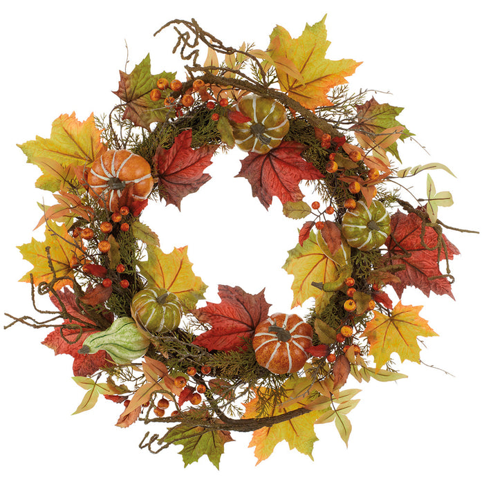 24" Mixed Pumpkin, Berry & Maple Leaf Artificial Wreath -Orange/Burgundy - VWP033-OR/BU
