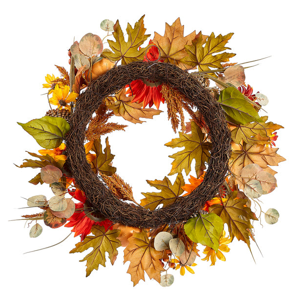 22" Artificial Sunflower, Pumpkin & Pinecone Wreath -Fall (Pack of 4) - VWP100-FA