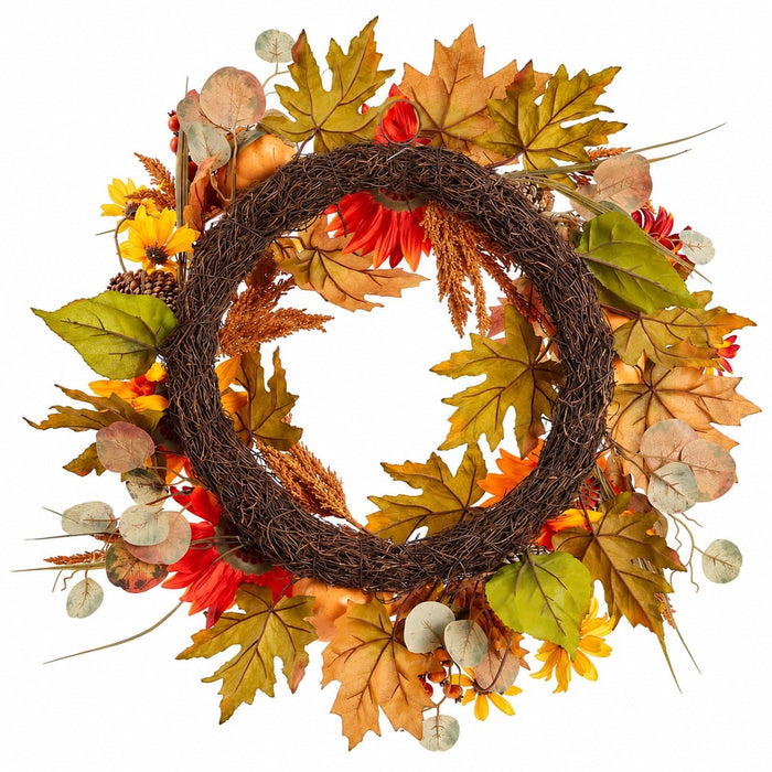 22" Artificial Sunflower, Pumpkin & Pinecone Wreath -Fall (Pack of 4) - VWP100-FA