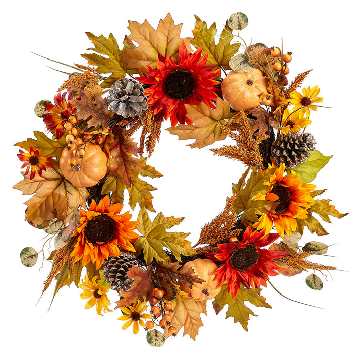 22" Artificial Sunflower, Pumpkin & Pinecone Wreath -Fall (Pack of 4) - VWP100-FA