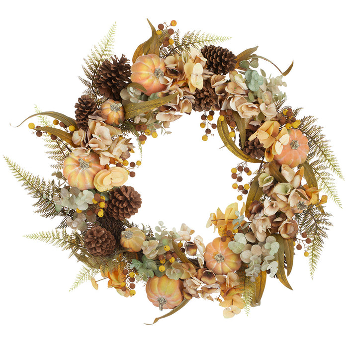 26" Mixed Hydrangea Flower, Pumpkin & Pinecone Artificial Wreath -Fall - VWP291-FA