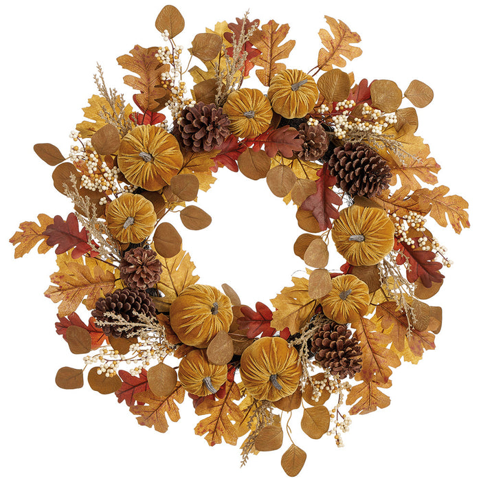 24" Mixed Pumpkin, Pinecone & Oak Leaf Artificial Wreath -Mustard/Brown (Pack of 4) - VWP321-MD/BR