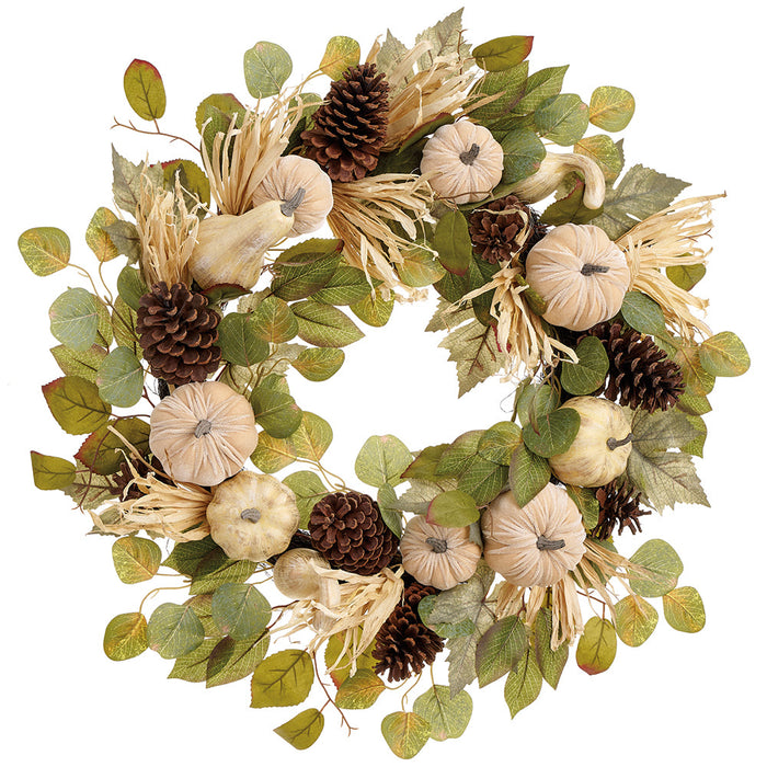 24" Mixed Pumpkin, Gourd & Pinecone Artificial Wreath -Cream/Brown (Pack of 4) - VWP322-CR/BR