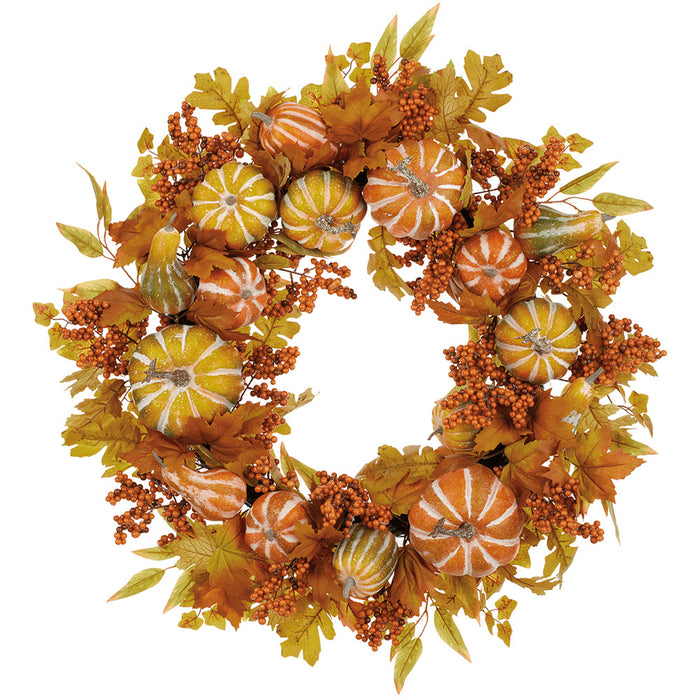 30" Mixed Pumpkin, Berry & Maple Leaf Artificial Wreath -Orange/Green (Pack of 2) - VWP605-OR/GR