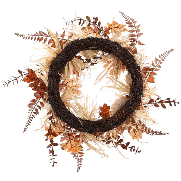 24" Artificial Pumpkin, Fern & Maple Leaf Wreath -Beige/Tan (Pack of 4) - VWP819-BE/TN