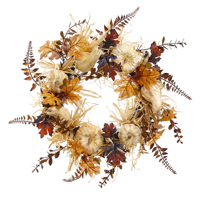 24" Artificial Pumpkin, Fern & Maple Leaf Wreath -Beige/Tan (Pack of 4) - VWP819-BE/TN