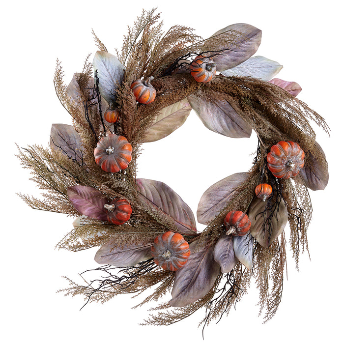 30" Artificial Pumpkin, Magnolia Leaf & Grass Wreath -Orange/Gray - VWP900-OR/GY