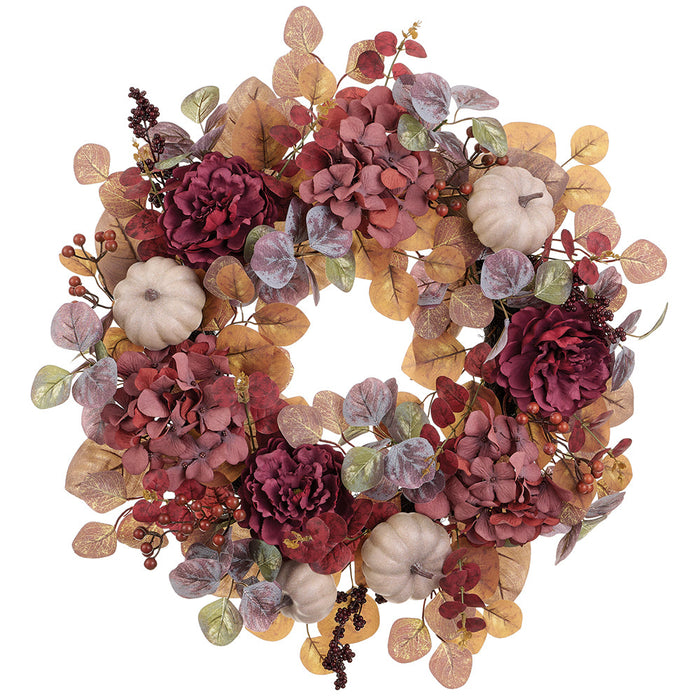 24" Mixed Peony Flower, Pumpkin & Berry Artificial Wreath -Mixed Colors (Pack of 4) - VWP922-MX