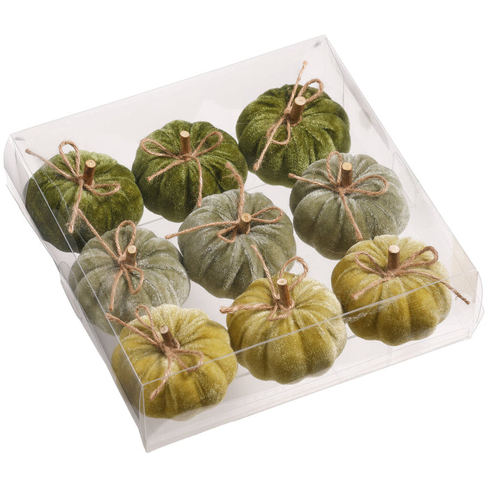 3" Set Of Artificial Velvet Pumpkins -2 Tone Green (Pack of 6) - VZP724-GR/TT
