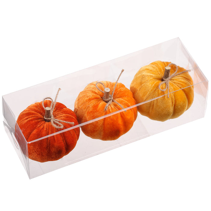 3.5" Set Of Artificial Velvet Pumpkins -2 Tone Orange (Pack of 6) - VZP725-OR/TT