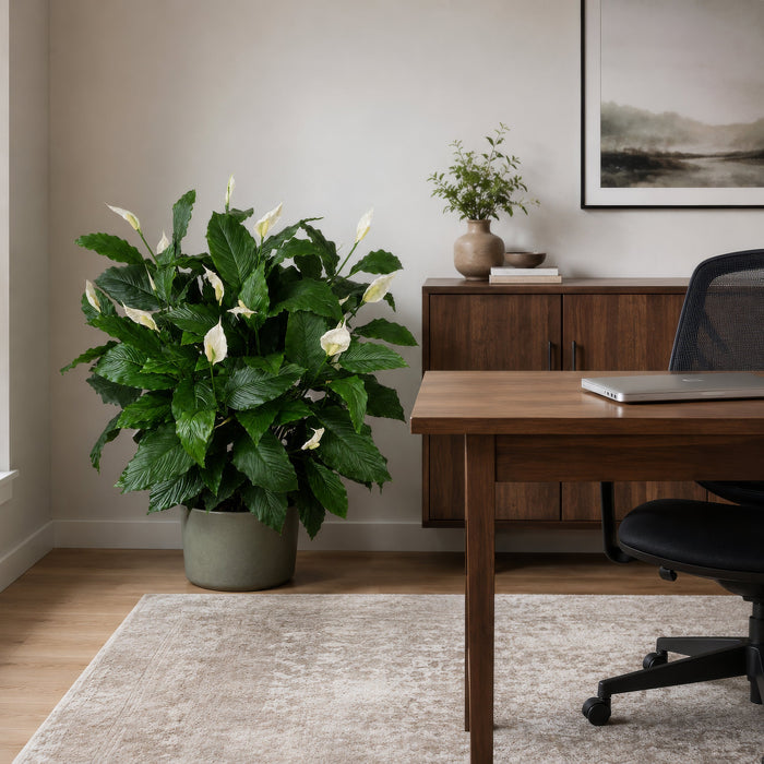 44" Custom-Made Soft-Touch Flowering Peace Lily Spathiphyllum Silk Plant w/Pot -Green/Cream - W1390