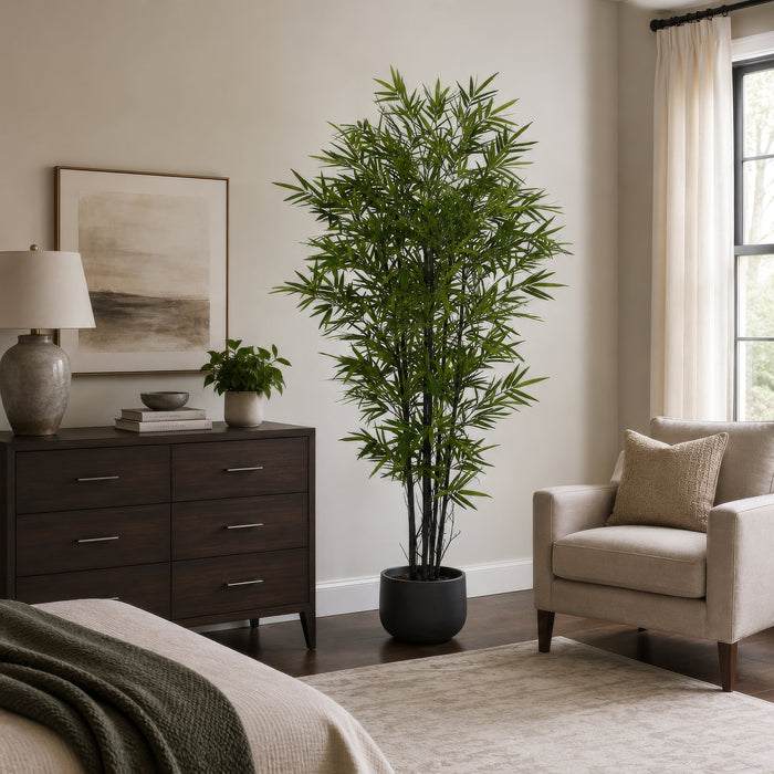 7' Natural Black Trunk Silk Royal Bamboo Tree w/Pot -Green/Black - W170070