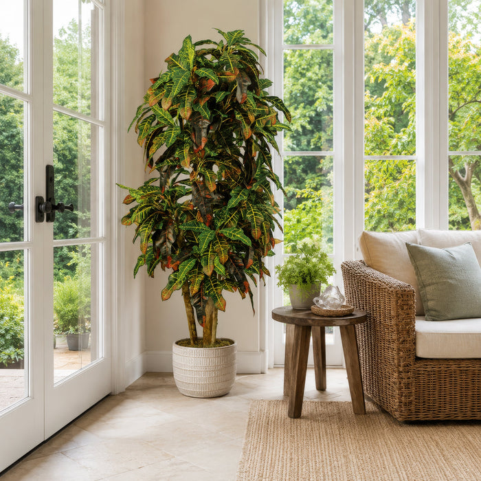 6' Natural Trunk Croton Leaf Silk Plant w/Pot -Green/Red - W-190080