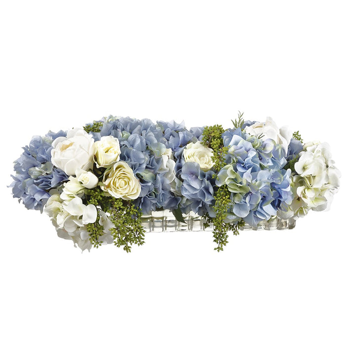 9.5"Hx25"W Silk Hydrangea Flower Arrangement w/Ribbed Glass Vase -Blue/Cream - WF0678-BL/CR