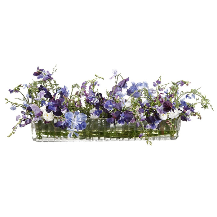 11.5"Hx36"W Sweet Pea & Ranunculus Silk Flower Arrangement w/Glass Vase -Purple/Violet - WF0679-PU/VI