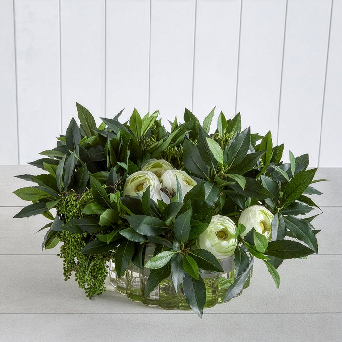 11"Hx20"W Silk Ranunculus Flower & Sweet Bay Leaf Arrangement w/Ribbed Glass Vase -Green/Cream - WF0680-GR/CR
