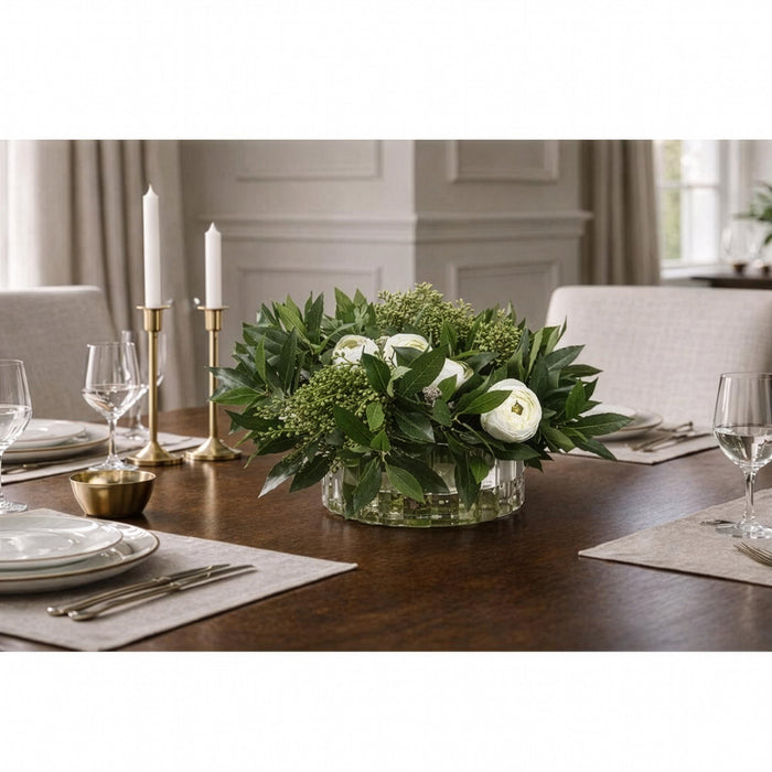11"Hx20"W Silk Ranunculus Flower & Sweet Bay Leaf Arrangement w/Ribbed Glass Vase -Green/Cream - WF0680-GR/CR