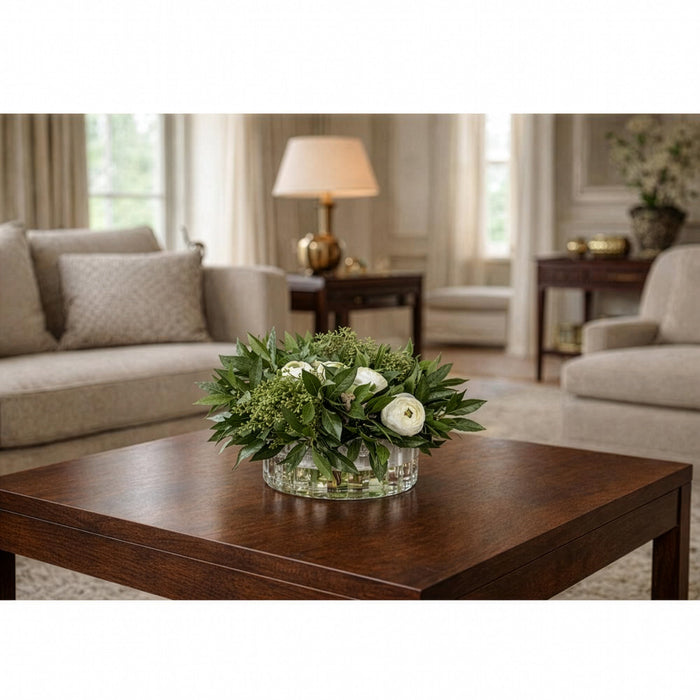11"Hx20"W Silk Ranunculus Flower & Sweet Bay Leaf Arrangement w/Ribbed Glass Vase -Green/Cream - WF0680-GR/CR