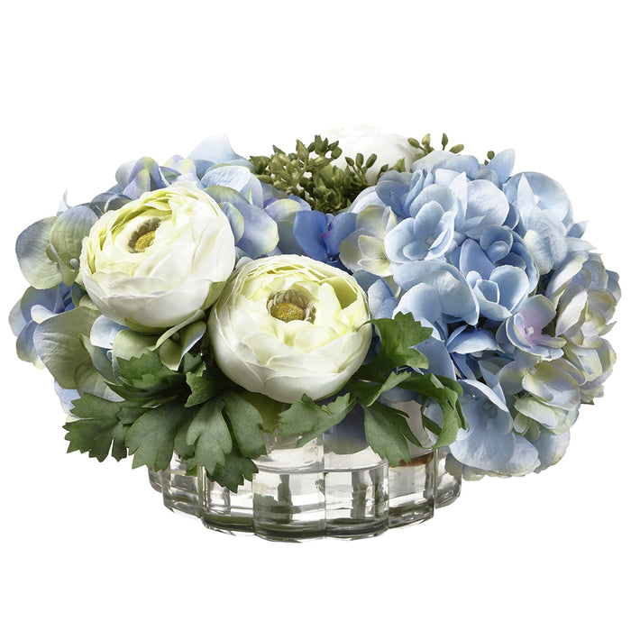 6.5"Hx10"W Silk Hydrangea & Ranunculus Flower Arrangement w/Ribbed Glass Vase -Blue/Green - WF0681-BL/GR