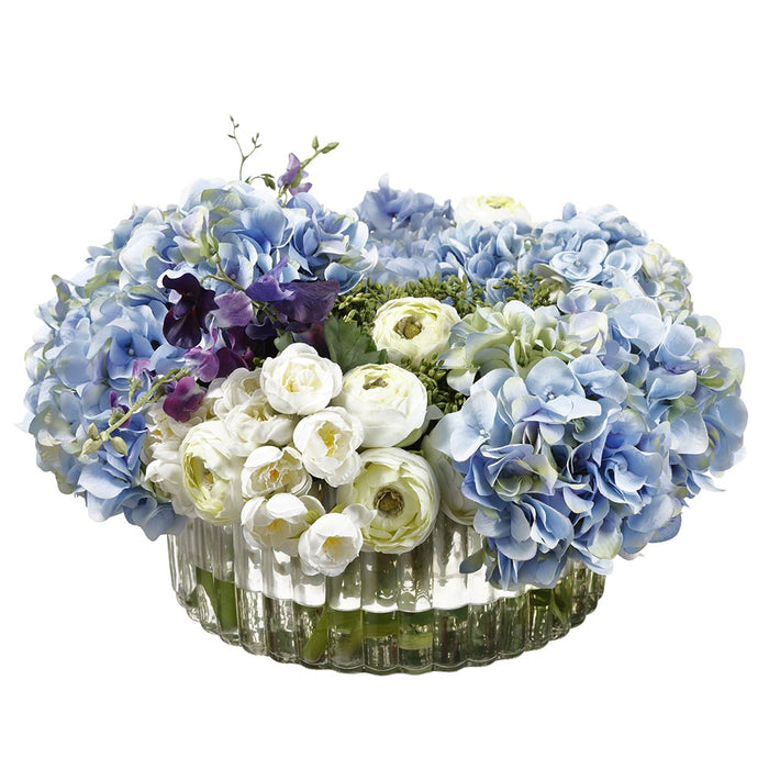 13"Hx22"W Silk Hydrangea & Ranunculus Flower Arrangement w/Ribbed Glass Vase -Blue/Cream - WF0682-BL/CR