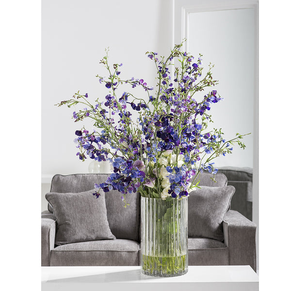 47"Hx39"W Sweet Pea & Ranunculus Silk Flower Arrangement w/Ribbed Glass Vase -Purple/Violet - WF0683-PU/VI