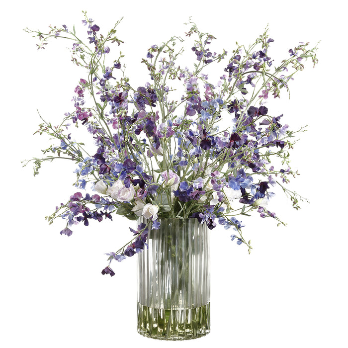 47"Hx39"W Sweet Pea & Ranunculus Silk Flower Arrangement w/Ribbed Glass Vase -Purple/Violet - WF0683-PU/VI