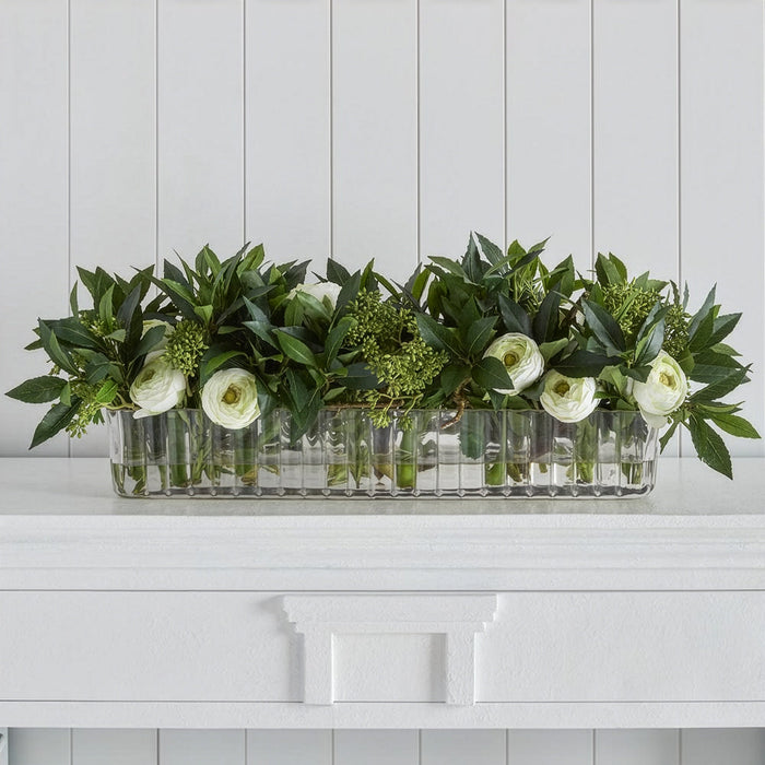12"Hx35"W Silk Ranunculus Flower & Sweet Bay Leaf Arrangement w/Ribbed Glass Vase -Green/Cream - WF0685-GR/CR