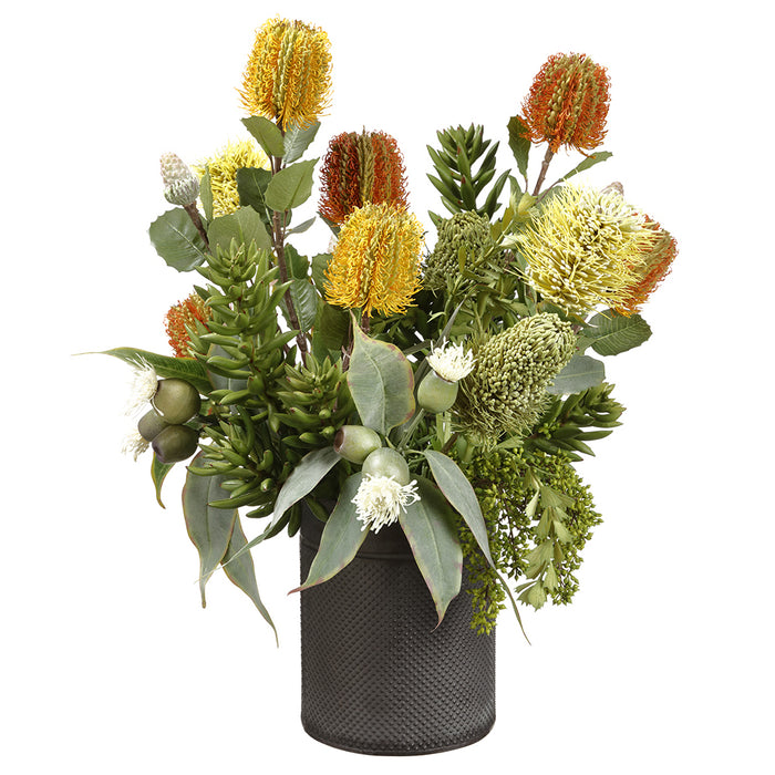 22"Hx18"W Artificial Protea Flower & Senecio Flower Arrangement w/Tin Planter -Mixed Colors - WF0710-MX