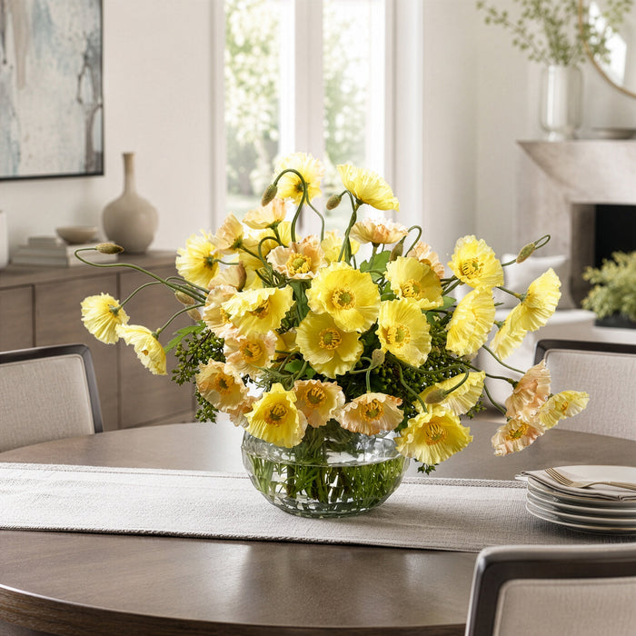 13"Hx17"W Silk Poppy Flower Arrangement w/Pattern Glass Vase -Yellow - WF0713-YE