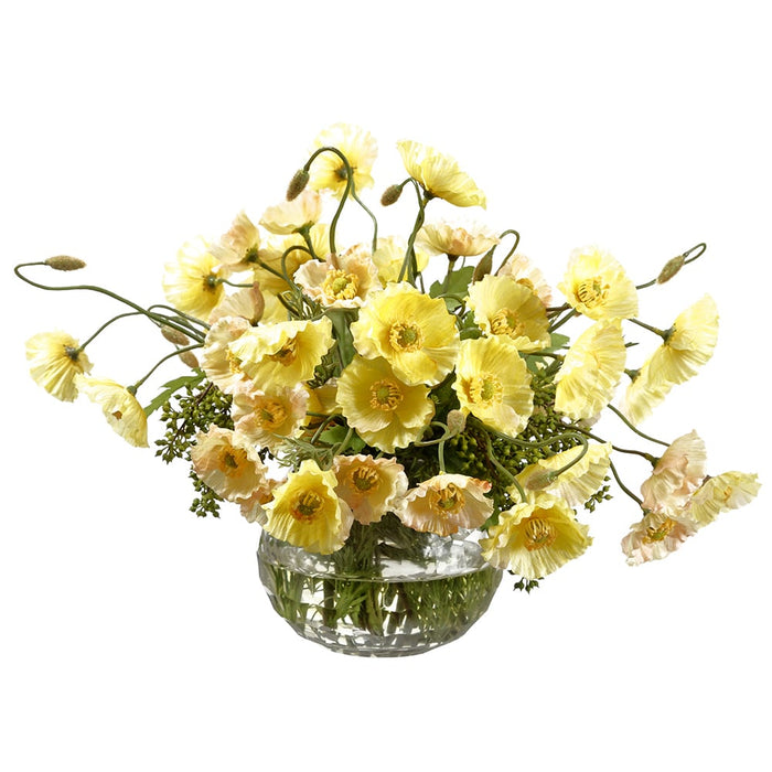 13"Hx17"W Silk Poppy Flower Arrangement w/Pattern Glass Vase -Yellow - WF0713-YE