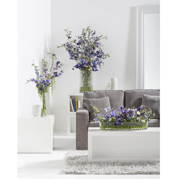 36"Hx19"W Sweet Pea & Ranunculus Silk Flower Arrangement w/Glass Vase -Purple/Violet - WF0715-PU/VI