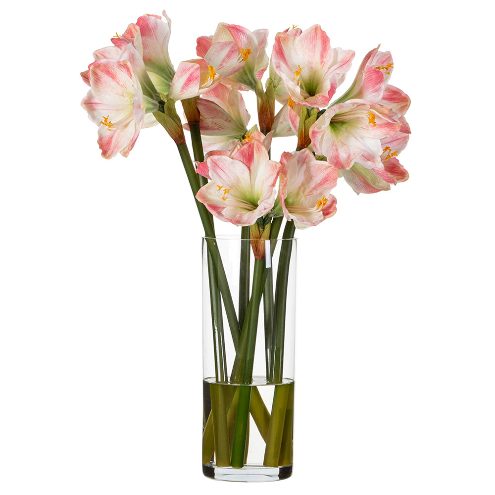 silk-amaryllis-flower-arrangement-w-tall-glass-vase-white-pink-silks