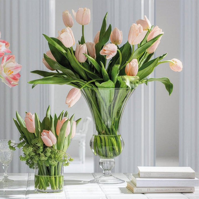 13.5"Hx14"W Silk Tulip Flower Arrangement w/Glass Vase -Peach/Green - WF0721-PE/GR