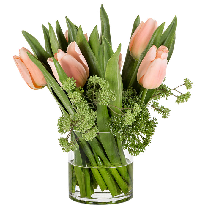 13.5"Hx14"W Silk Tulip Flower Arrangement w/Glass Vase -Peach/Green - WF0721-PE/GR