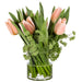 13.5"Hx14"W Silk Tulip Flower Arrangement w/Glass Vase -Peach/Green - WF0721-PE/GR