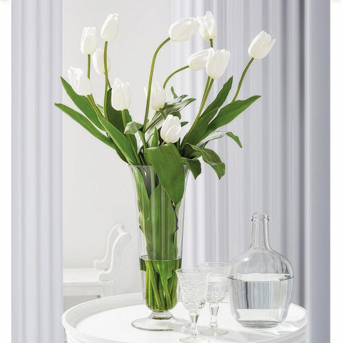 33"Hx22"W Silk French Tulip Flower Arrangement w/Footed Glass Vase -White/Green - WF0724-WH/GR