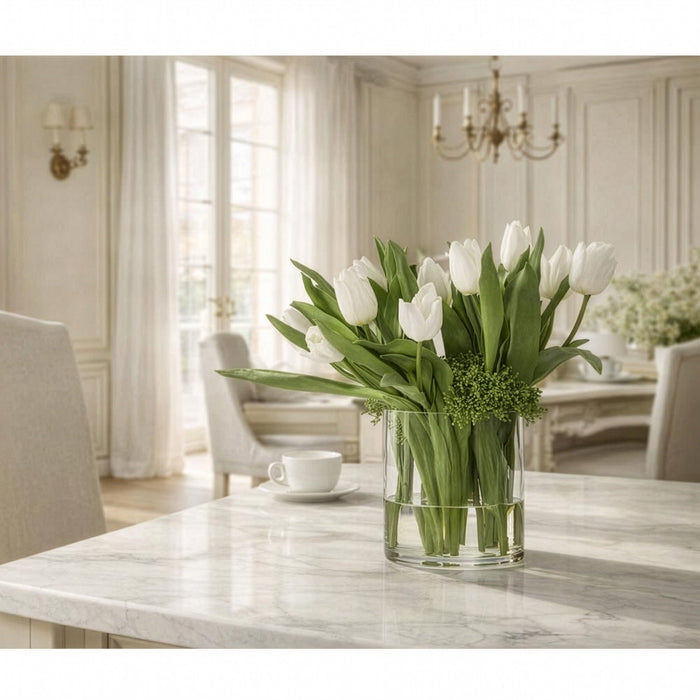20"Hx24"W Silk Tulip Flower & Sedum Arrangement w/Glass Vase -White/Green - WF0726-WH/GR