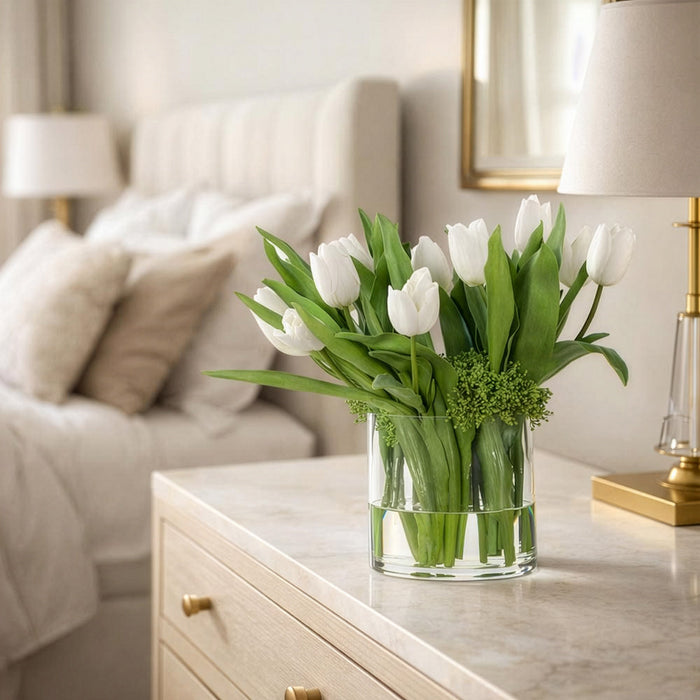 20"Hx24"W Silk Tulip Flower & Sedum Arrangement w/Glass Vase -White/Green - WF0726-WH/GR
