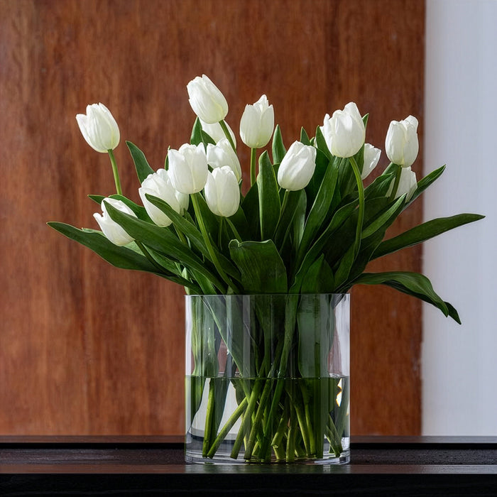 22"Hx30"W Silk French Tulip Flower Arrangement w/Glass Vase -White/Green - WF0727-WH/GR