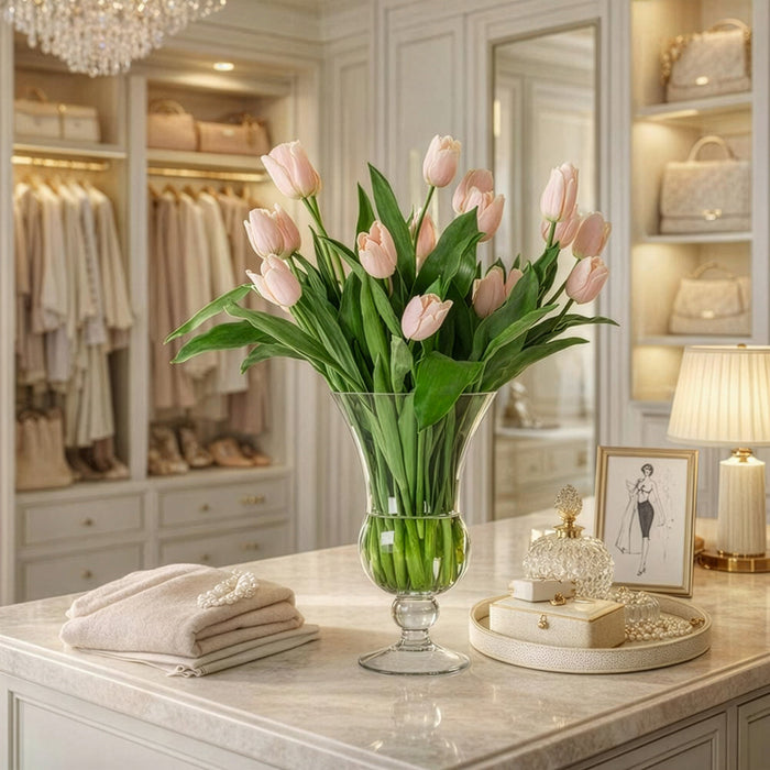 31"Hx30"W Silk Tulip Flower Arrangement w/High Footed Glass Vase -Pink/Green - WF0728-PK/GR