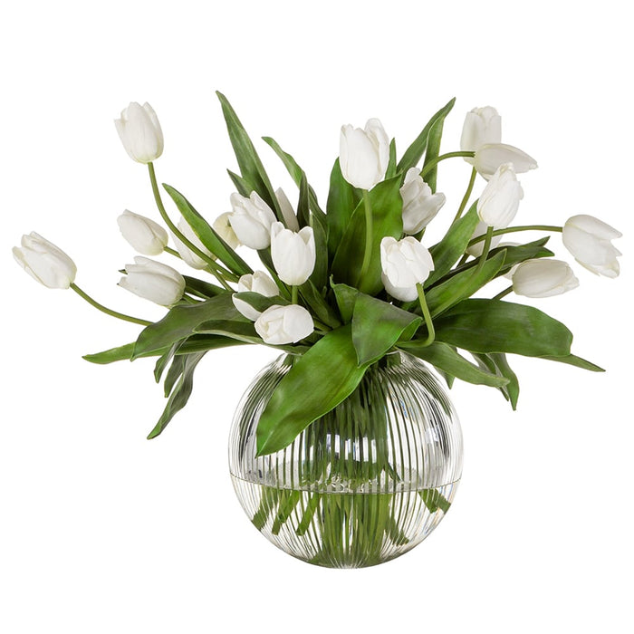 24"Hx30"W Silk French Tulip Flower Arrangement w/Glass Ball Vase -White/Green - WF0729-WH/GR