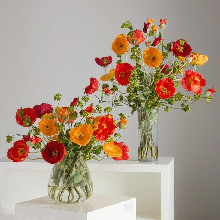 25.5"Hx34"W Large Mixed Poppy Silk Flower Arrangement w/Glass Vase -Orange/Red - WF0730-OR/RE