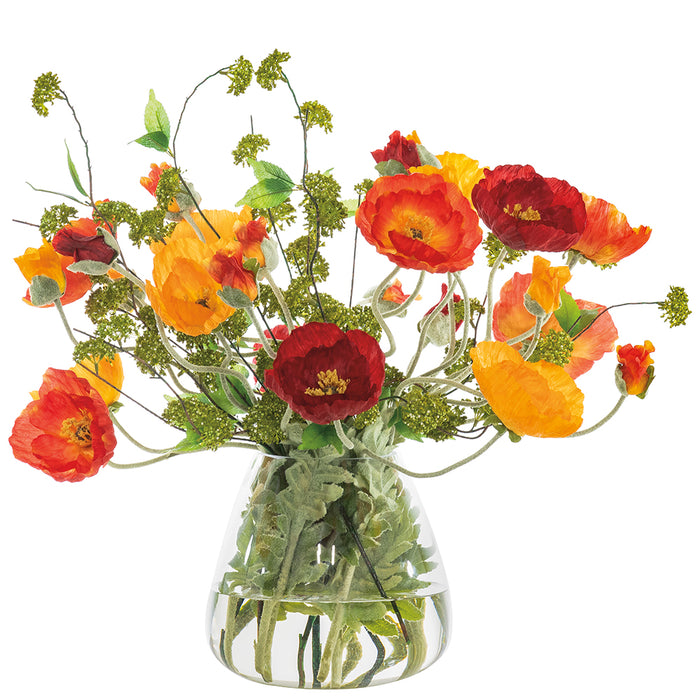 25.5"Hx34"W Large Mixed Poppy Silk Flower Arrangement w/Glass Vase -Orange/Red - WF0730-OR/RE