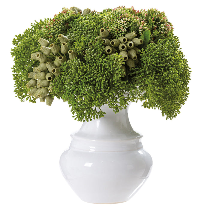 10"Hx10"W Sedum, Skimmia & Berry Artificial Flower Arrangement w/Ceramic Vase -Green - WF0732-GR