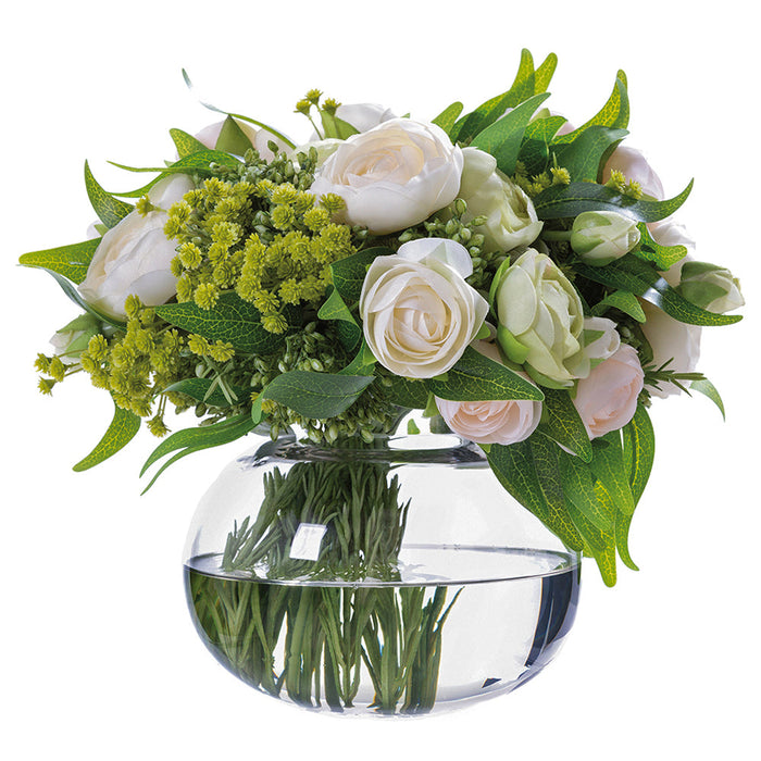 10.5"Hx11"W Mixed Ranunculus, Viburnum & Ruscus Leaf Silk Flower Arrangement w/Glass Vase -Cream/Peach - WF0733-CR/PE