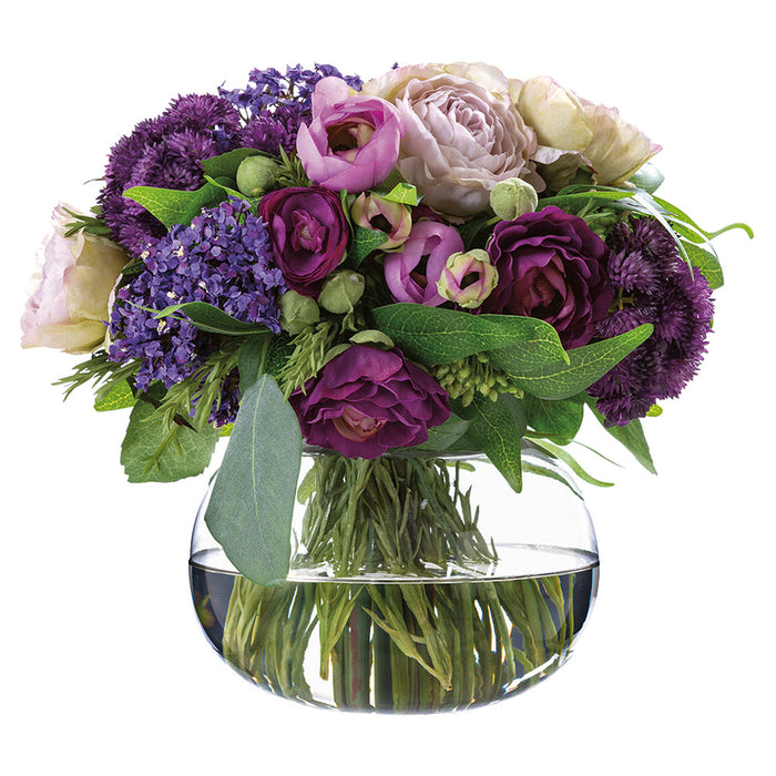 10.5"Hx11"W Mixed Ranunculus, Rose & Ruscus Leaf Silk Flower Arrangement w/Glass Vase -Purple/Lilac - WF0734-PU/LI