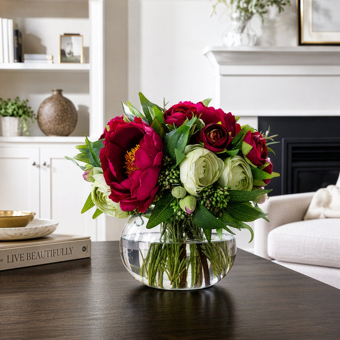 10.5"Hx11"W Mixed Ranunculus, Peony & Ruscus Leaf Silk Flower Arrangement w/Glass Vase -Burgundy/Green - WF0735-BU/GR