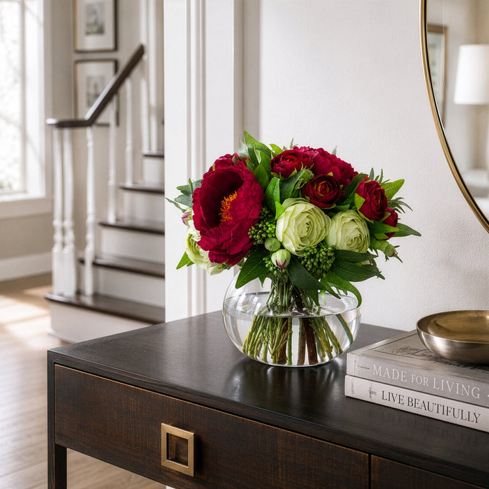 10.5"Hx11"W Mixed Ranunculus, Peony & Ruscus Leaf Silk Flower Arrangement w/Glass Vase -Burgundy/Green - WF0735-BU/GR